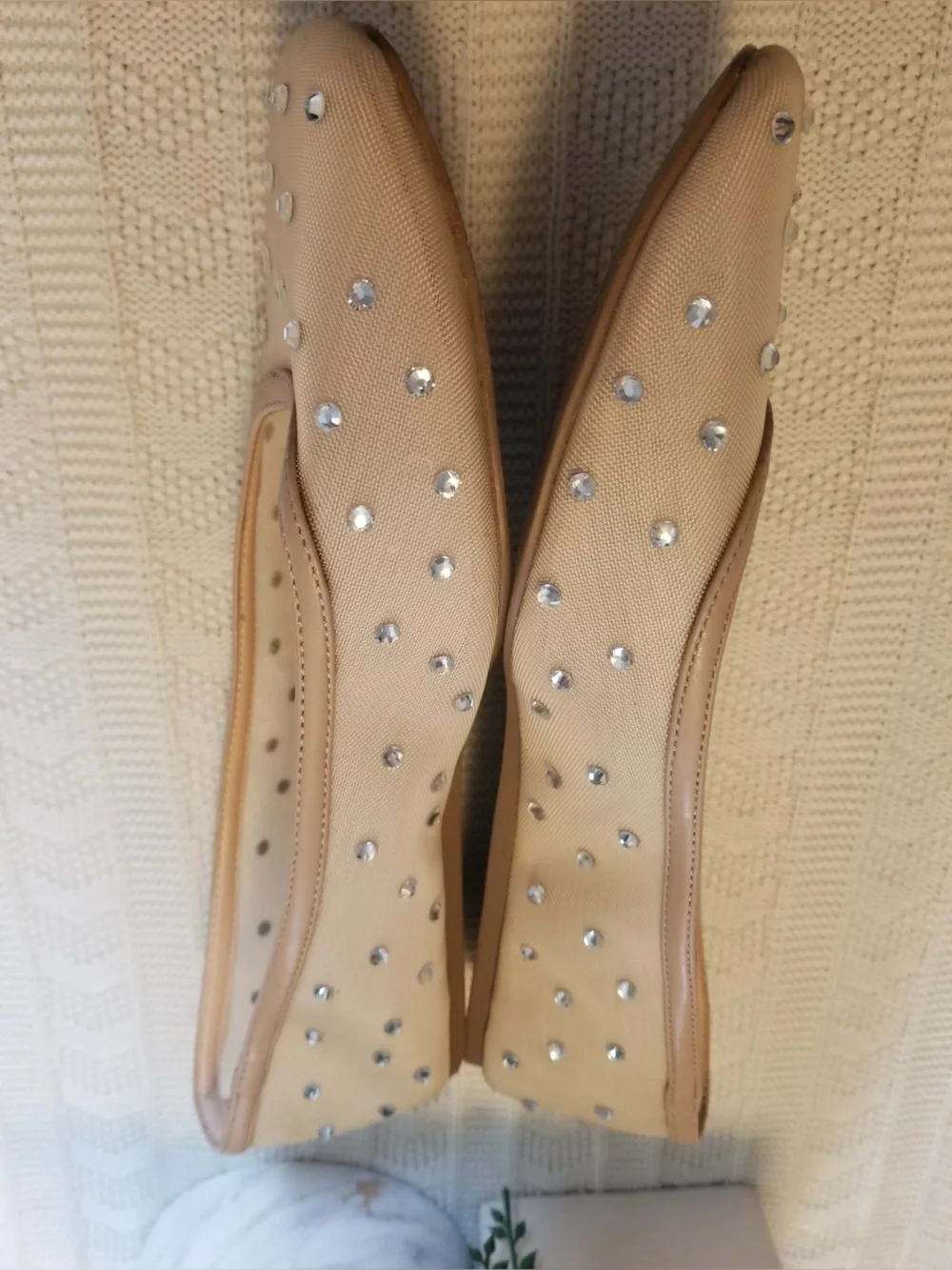Loft Stud-Embellished Leather Ballet Flats in Beige and Black